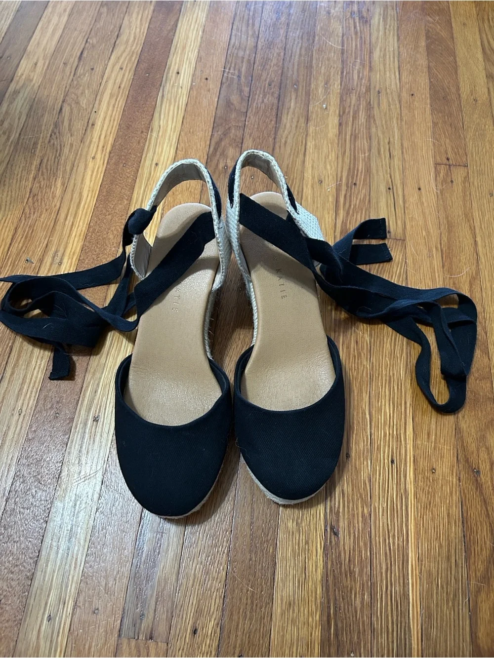 Kelly & Katie Goldie Wedge Sandal - Black Espadrille Tie-Ankle Wedge Sandals